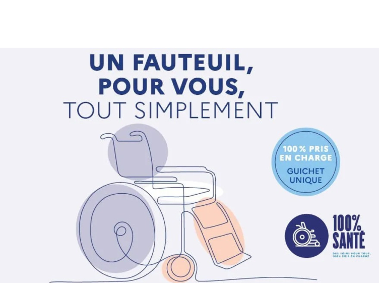 Affiche « Un fauteuil, pour vous, tout simplement » : dessin d’un fauteuil roulant, mention « 100 % pris en charge, guichet unique » et logo 100 % Santé.